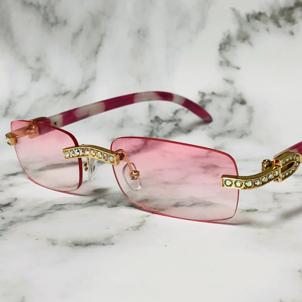 Hip Hop Women Men‎ Sunglasses Pink Rimless Luxury Retro Shades Gold Metal Lentes
